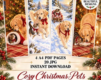 20 świątecznych zakładek do druku: Golden Retriever i kot, przytulne zimowe wzory, pliki PDF i JPG