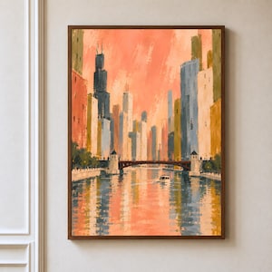 May include: A framed vertical painting depicting a city skyline with tall buildings in shades of blue, yellow, and white under a vibrant peach-colored sky. A dark bridge spans a river where a small boat travels, reflecting the warm colors of the sky.