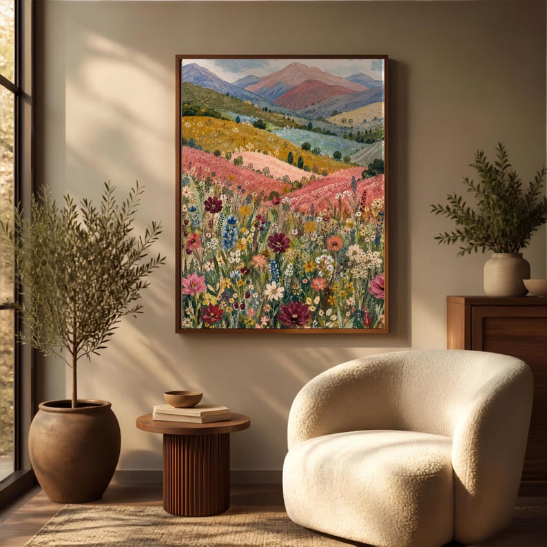 May include: A rectangular framed wall art print featuring a landscape painting of a vibrant wildflower meadow in the foreground with rolling hills and distant mountains in the background, rendered in shades of pink, yellow, green, and blue.