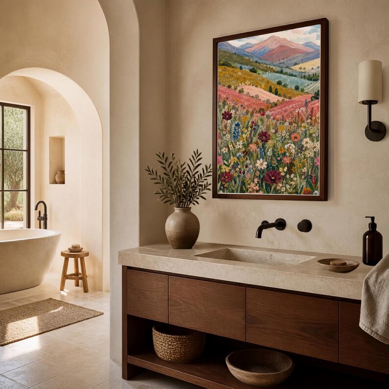 May include: A framed landscape painting featuring a vibrant wildflower meadow in the foreground with rolling hills and mountains in the background. The artwork displays a rich palette of red, pink, yellow, and green tones within a dark brown frame.