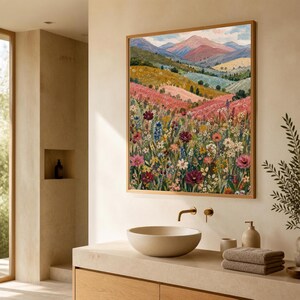 May include: A square wall art print featuring a vibrant landscape painting of rolling hills, distant mountains, and a dense foreground of colorful wildflowers in shades of pink, red, yellow, blue, and white, framed in a light wood border.