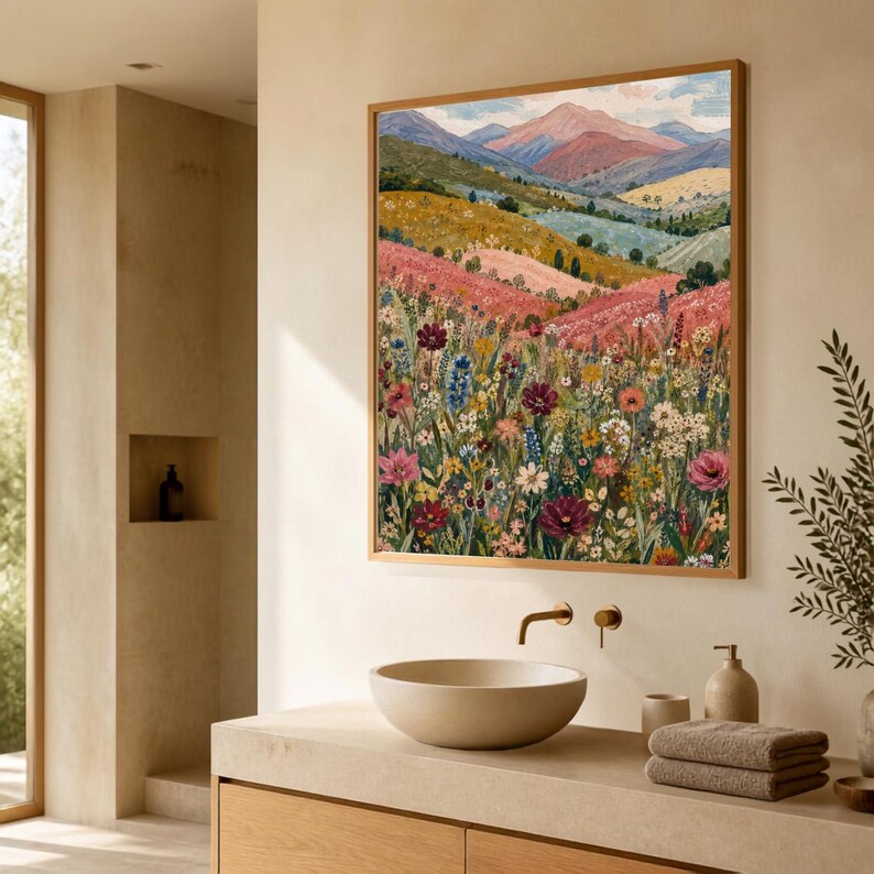 May include: A square wall art print featuring a vibrant landscape painting of rolling hills, distant mountains, and a dense foreground of colorful wildflowers in shades of pink, red, yellow, blue, and white, framed in a light wood border.