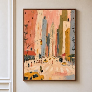 May include: A vertical painting of a New York City street scene featuring tall buildings in shades of pink, blue, yellow, and green. The street level shows yellow taxis, pedestrians, and a traffic light against a soft, light-colored sky.