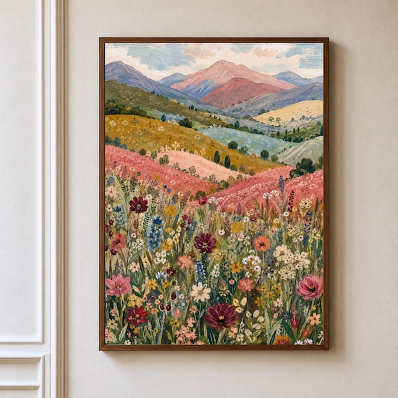 Colourful Wildflower Landscape Art, Mountain Wall Art, Maximalist Floral Poster, Vintage Inspired Countryside Print
