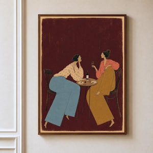 Wine Lover Dinner Party Print, Burgundy Background, Female Friendship Art