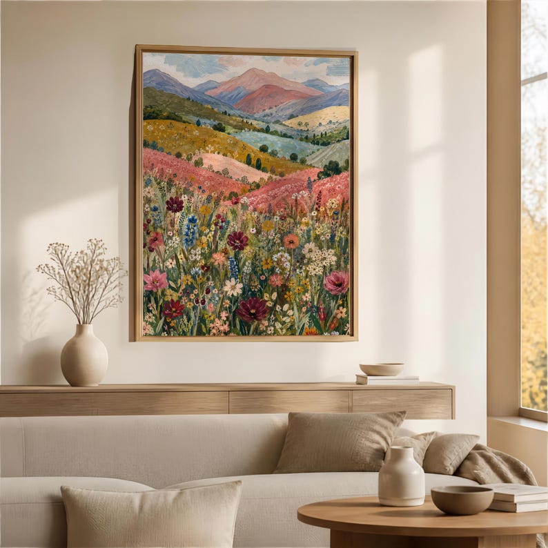 May include: A framed wall art print featuring a landscape painting of a vibrant wildflower meadow in the foreground with rolling hills and distant mountains in the background. The scene displays a palette of pink, green, blue, and yellow tones.