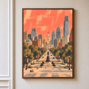 Könnte beinhalten: Ein gerahmter vertikaler Kunstdruck, der eine Stadtsilhouette unter einem leuchtend orangefarbenen Himmel zeigt. Die Szene zeigt eine zentrale Allee, die auf einen Uhrturm zuführt, flankiert von Bäumen, Straßenlaternen und einer Statue.