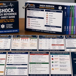 May include: A 10-sheet clinical reference guide for shock management by TheEMSCo, featuring a boxed set and a ring-bound flip book. The guide includes color-coded cards with medical charts, checklists, and diagnostic information for emergency care.