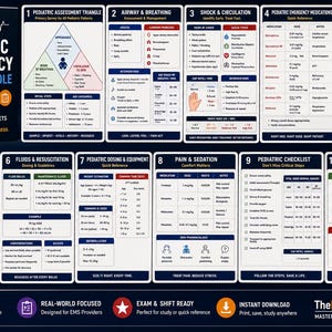 Peut inclure: Un ensemble de dix fiches de référence d'urgence pédiatrique intitulé TheEMSCo Master Clinical Series. Le lot comprend des tableaux sur l'évaluation pédiatrique, les voies respiratoires, la circulation, les médicaments, la réanimation et les soins.