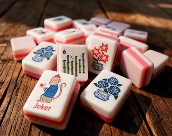 Handmade Mahjong Tiles Set, Artistic Gaming Tiles, Unique Joker and Floral Design Mahjong, Custom Table Game Pieces, Gift for Mahjong Lovers