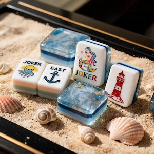 American Mahjong Set, Ocean-Themed Acrylic Tiles, Game for Beach Lovers, Marbled Blue Tile Case , Gift