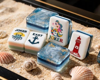 Ocean-Themed American Mahjong Set, Acrylic Tiles, Game for Beach Lovers, Marbled Blue Tile Case , Gift