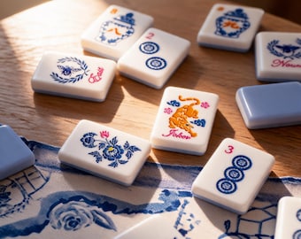 160-Pieces Acrylic Mahjong Set, American Blue White Porcelain Tiles, Game Gift for Players, Art & Collectibles