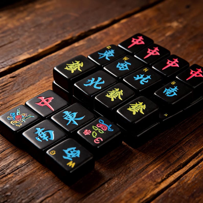 May include: A set of black Mahjong tiles arranged in a cluster, featuring engraved characters and symbols in vibrant red, blue, yellow, and green colors. Each tile has a glossy finish with distinct Chinese characters and directional markings.