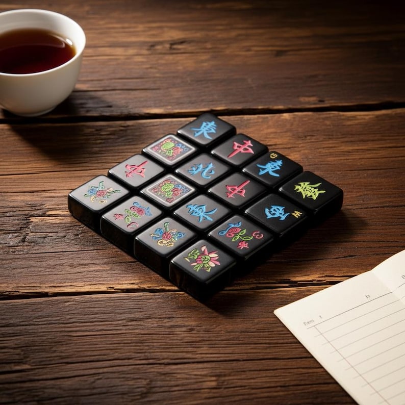 May include: A square grid of sixteen black tiles arranged in a four-by-four pattern. Each tile features colorful, intricate designs including various East Asian characters, floral motifs, and symbols in shades of blue, red, green, and pink.