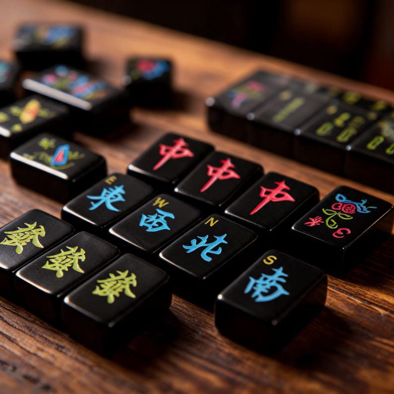 May include: A set of black rectangular mahjong tiles featuring engraved characters and symbols in vibrant red, blue, green, and yellow colors. The tiles display various directional indicators like N, S, E, and W, alongside traditional Chinese characters.