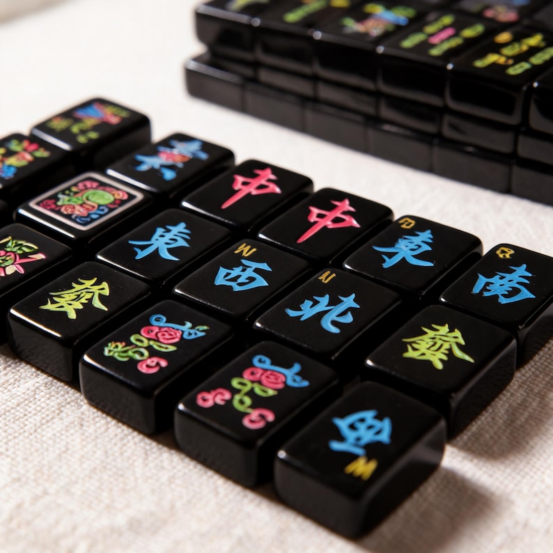 May include: A set of glossy black Mahjong tiles featuring engraved characters and floral designs in vibrant colors including red, blue, green, and yellow. The tiles are arranged in rows, displaying various symbols and directional markers on their surfaces.