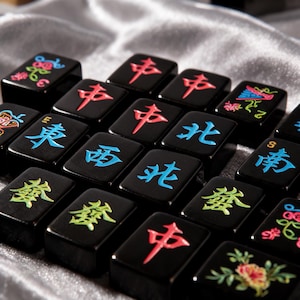 Modern Black Mahjong Set, Luxury Mahjong Tiles, Colorful Engraved Tiles, Artistic Tabletop Game, Unique Mahjong Gift, Gaming Collectible image 7