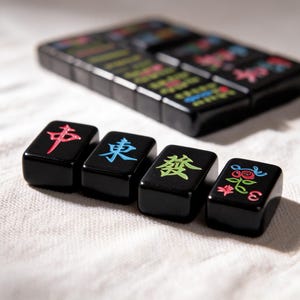 May include: A set of black Mahjong tiles with glossy surfaces. Four individual tiles are arranged in the foreground, featuring engraved characters and symbols in red, blue, green, and pink. A larger group of matching black tiles is blurred behind.