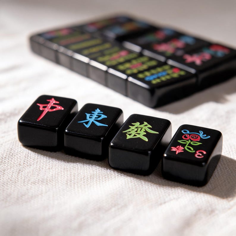 May include: A set of black Mahjong tiles with glossy surfaces. Four individual tiles are arranged in the foreground, featuring engraved characters and symbols in red, blue, green, and pink. A larger group of matching black tiles is blurred behind.