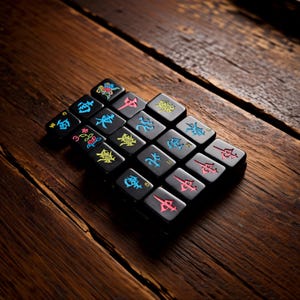 May include: A compact mechanical keyboard macro pad featuring black keycaps with vibrant, multi-colored engraved characters in blue, pink, and yellow. The layout consists of sixteen square keys arranged in a grid, displaying various symbols.