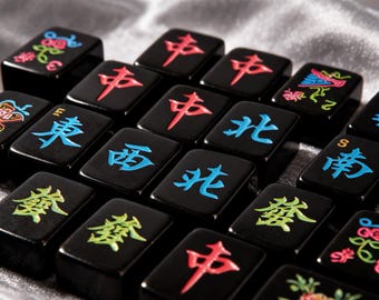Modern Black Mahjong Set, Luxury Mahjong Tiles, Colorful Engraved Tiles, Artistic Tabletop Game, Unique Mahjong Gift, Gaming Collectible