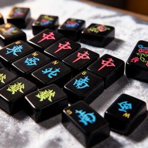 May include: A collection of black rectangular Mahjong tiles featuring engraved characters and symbols in vibrant colors including red, blue, yellow, and green. Each tile displays distinct Chinese calligraphy and directional letters like E, W, N, and S.