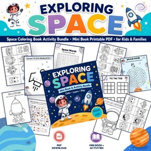 May include: A digital space-themed activity bundle titled Exploring Space, featuring a central book cover with an astronaut and rocket, surrounded by printable activity sheets including mazes, word searches, and colouring pages with space motifs.