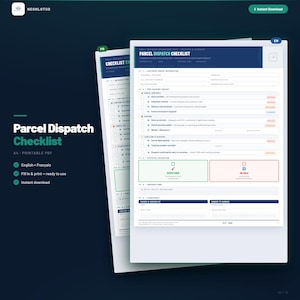 May include: A printable A4 Parcel Dispatch Checklist document in English and French. The form includes sections for customer order information, pre-packing checks, parcel contents, packing, labeling, dispatch validation, observations, and signatures.