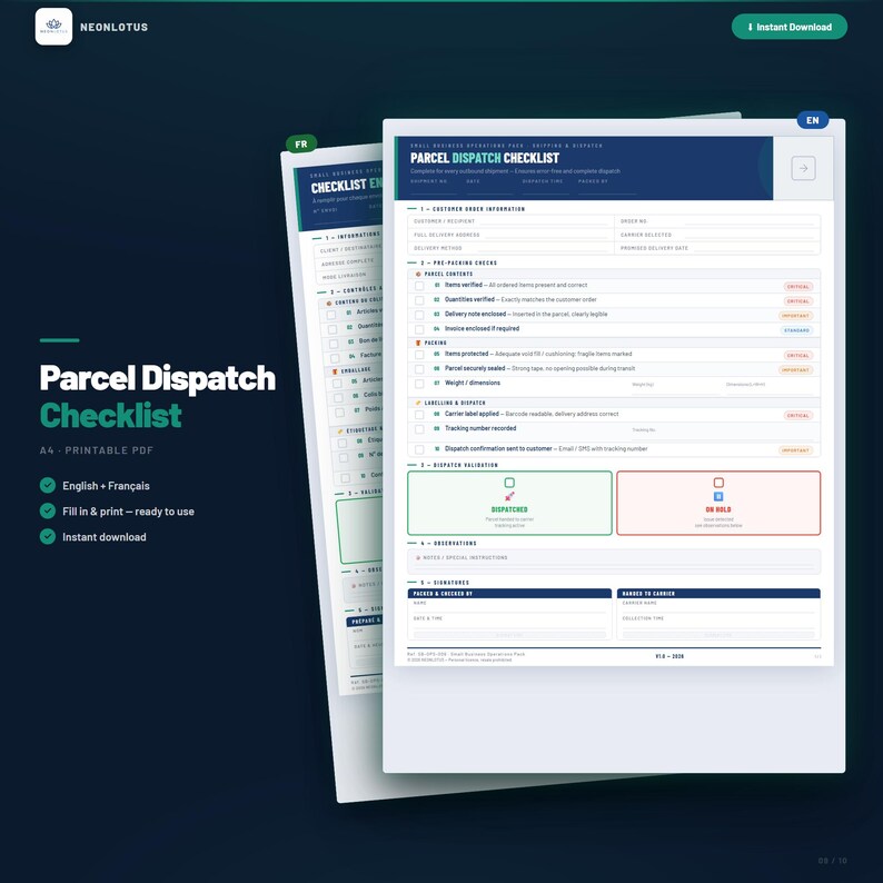 Parcel Dispatch Checklist Printable | A4 PDF Shipping Template ...