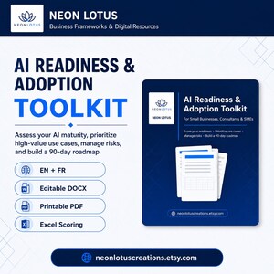 Puede incluir: Un recurso digital AI Readiness & Adoption Toolkit de Neon Lotus. El gráfico incluye texto sobre marcos de trabajo empresariales, con archivos DOCX editables, PDF imprimibles y hojas de puntuación Excel para pequeñas empresas y PYMES.