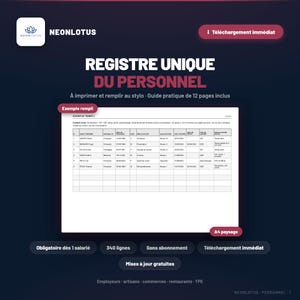 Peut inclure: Un document numérique intitulé REGISTRE UNIQUE DU PERSONNEL comprenant un guide de 12 pages et un modèle de registre du personnel imprimable au format paysage A4. Le document inclut une page d'exemple avec des colonnes pour les données.