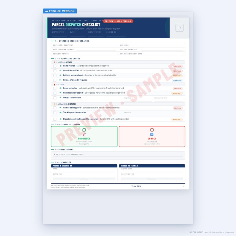 Despatch Checklist Parcel Dispatch Checklist Printable | A4 PDF Shipping Template ...