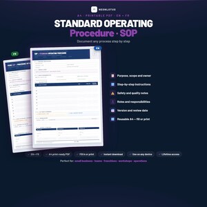 Könnte beinhalten: Eine digitale Vorlage für ein Standard Operating Procedure (SOP) Dokument im A4-Format. Das Layout enthält Abschnitte für Zweck, Umfang, Eigentümer, Schritt-für-Schritt-Anleitungen, Sicherheitshinweise, Rollen, Verantwortlichkeiten und Daten.