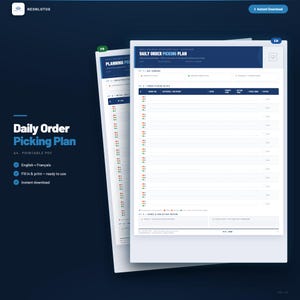May include: A printable A4 Daily Order Picking Plan document featuring a dark blue header with white text. The form includes sections for day summary, order picking details with columns for order number, customer, items, and status, plus an end-of-day review.