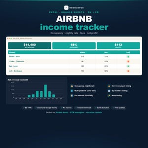 Airbnbs inkomst- och utgiftsspårare i Excel | Beläggning, nattpris och vinst per objekt | Korttidsuthyrning | Google Sheets | EN + FR