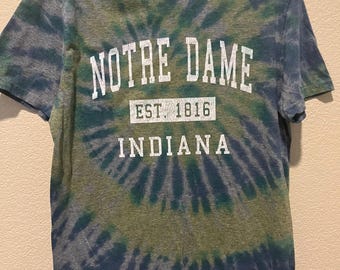 Notre Dame Fightin Irish College tee Tie Dye Shirt Adult Small– Indiana spiral multicolor dyed tee SM S ND