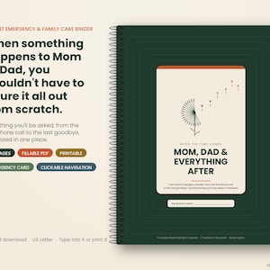 May include: A dark green spiral-bound Parent Emergency & Family Care Binder with a cream-coloured cover featuring a dandelion graphic and the text: When the time comes, Mom, Dad & Everything After. Includes 54 pages, fillable PDF, and printable options.