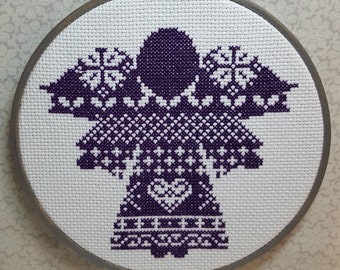 Purple Nordic Angel Counted Cross Stitch Wall Hanging, Wall Art, Finished, Framed in Hoop, Christmas, Easter, Mother's Day, Everyday