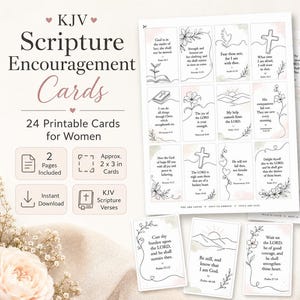 May include: A set of 24 printable KJV scripture encouragement cards featuring black line art illustrations of flowers, crosses, and landscapes with soft pink watercolor accents. The cards measure approximately 2 by 3 inches each.