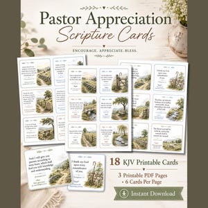 May include: A set of 18 printable Pastor Appreciation Scripture cards featuring landscape illustrations of stone walls, paths, and trees. The cards include KJV Bible verses and text such as Pastor Appreciation Scripture Cards, Encourage, Appreciate, Bless, and 18 KJV Printable Cards.