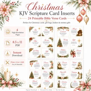 May include: A digital set of 24 Christmas KJV Scripture card inserts featuring Bible verses on four 8.5 x 11 inch printable pages. The cards are decorated with watercolor illustrations of poinsettias, pine branches, ornaments, and candles.