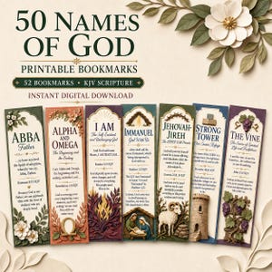 May include: A digital collection of 50 printable bookmarks featuring the Names of God with KJV scripture. The display shows seven vertical bookmarks with floral, architectural, and religious illustrations, including text like Abba, Alpha and Omega, I Am, Immanuel, Jehovah-Jireh, Strong Tower, and The Vine.