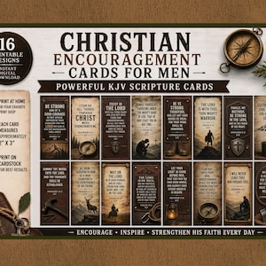 Pode incluir: Um conjunto de 16 cartões de encorajamento cristão imprimíveis para homens com escrituras KJV. Cada cartão mede 5,08 cm por 7,62 cm e exibe designs únicos com texturas rústicas castanho-escuras, paisagens de montanha e ferramentas.