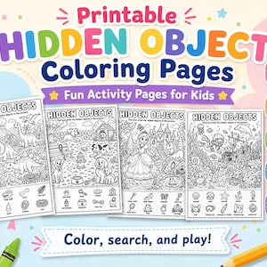 May include: A set of printable hidden object coloring pages featuring four black and white activity sheets with dinosaur, dog, princess, and underwater themes. The text reads Printable HIDDEN OBJECT Coloring Pages, Fun Activity Pages for Kids, and Color, search, and play! with 10 Unique Pages, Instant Download, Print at Home, US Letter Size 8.5 x 11, and PDF Format icons.
