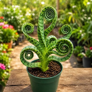 Könnte beinhalten: Eine Sansevieria-Pflanze mit langen, hellgrünen Blättern, die dunkelgrüne Querstreifen aufweisen. Die Blätter sind an den Enden zu engen Spiralen eingerollt und in einen einfachen grünen Kunststofftopf mit dunkelbrauner Blumenerde gepflanzt.