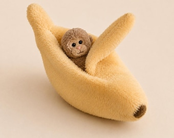 Plush Monkey in Banana Sleeping Bag, Mini Stuffed Animal Toy, Nursery Decor, Baby Gift