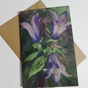 Biglietto d'auguri vuoto dipinto ad acquerello con campanelle di lepre, biglietto ad acquerello con campanelle di lepre, biglietto con campanelle di lepre, opera d'arte con campanelle di lepre, biglietto d'auguri vuoto, biglietto d'arte