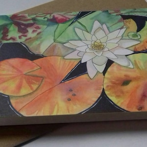 Wenskaart, aquarelafdruk, witte waterleliebloem, waterleliekaart, waterlelies schilderkaart, vijverkunst, lelieverjaardagskaart, waterlelies.