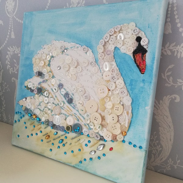 Swan painting, recycled button art,button painting,button swan art,Swan,Button Swan,Button wall art,animal Button art, swan button art, swan